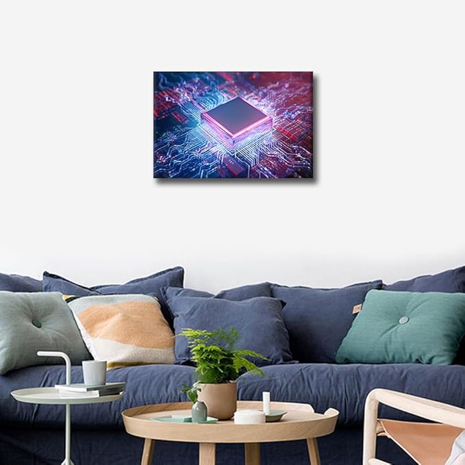 1 Piece Glowing CPU Canvas Wall Art Painting Technology Digital Art Wall Decor for Living Room AI Pictures Print on Canvas Framed Modern Artwork for Home Wall Bedroom Decorations, 18x12in