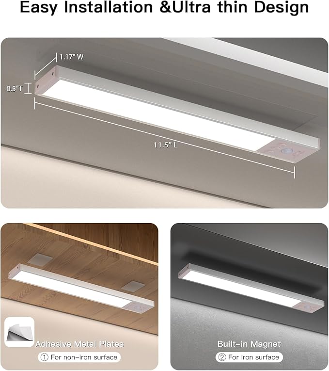 Diomart Wireless Under Cabinet Lighting with Motion Sensor, Dimmable LED Closet Lights, 1500mAh Rechargeable Battery, Magnetic Mount for Kitchen, Stairs, Closet - 3Pack