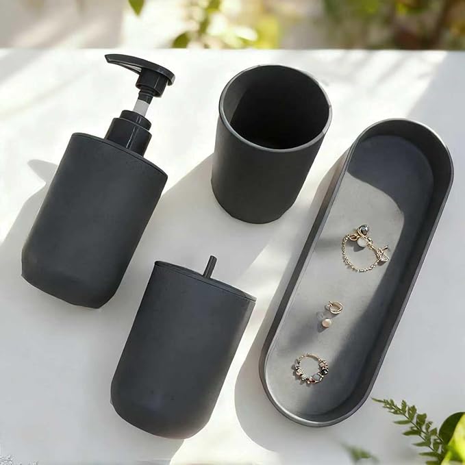 4-Piece Bathroom Accessory Set, Dark Gray Plastic Home Organizer with Toothbrush Holder, Lotion Soap Dispenser, Qtip Holder & Vanity Tray – Modern Home Decor for Any Bathroom