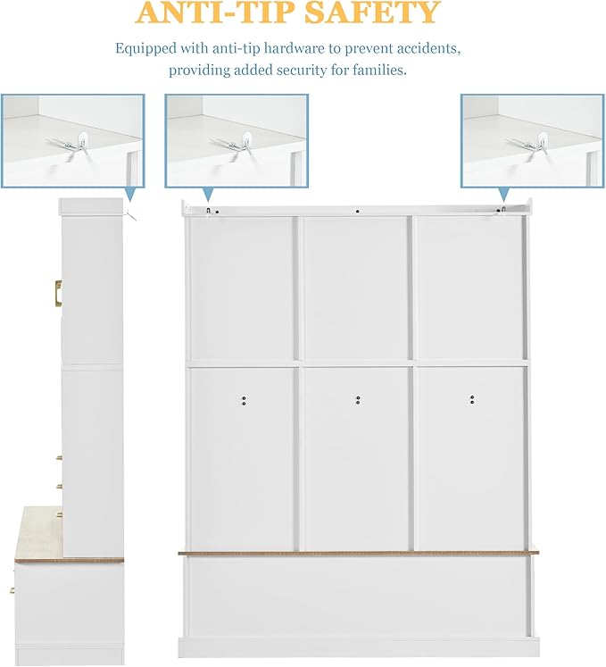 Amposei Hall Tree with Storage Bench & Coat Rack 58’’W Modern Tall Entryway Oranizer Cabinet with 6 Drawers, 3 Metal Hooks for Living Room Hallway Mudroom, White