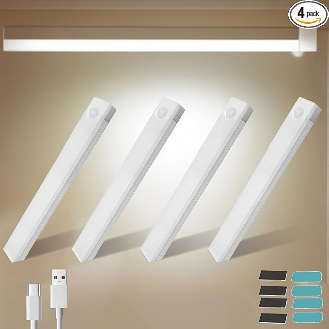 4 PCS 11.8in Punch-Free Smart Sensor Magnetic Rechargeable Led Lights, Motion Sensor Light Indoor, USB C Rechargeable Closet Under Counter Lighting for Kitchen Cupboard Wardrobe