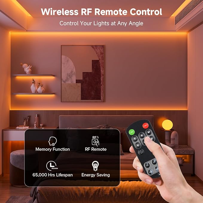 BTF-LIGHTING COB LED Strip Light 12V 16.4FT UL Listed, Orange Color Dimmable High Density Flexible Tape Light with RF Remote & ETL Power Adapter, Ultra Bright for Bedroom Kitchen Home Indoor Lighting