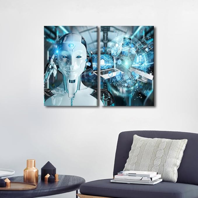 TUMOVO 3 Pieces AI Intelligence Wall Decorations for Living Room Canvas Paitings Data Analysis Home Decor Robot Artwork House Art Prints Posters and Prints Framed Ready to Hang, 24" Wx16 H
