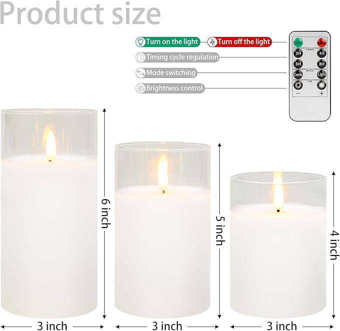 Mingfuxin Clear Glass Flickering Flameless Candles with Remote, White Wax Battery Operated LED Pillar Candle with Timer for Party Wedding Decoration, Set of 3
