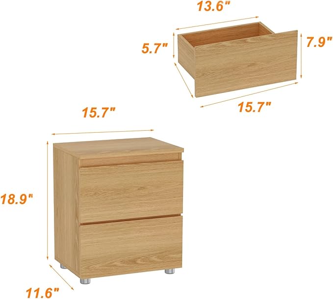 FAMAPY Modern Nightstand with 2 Drawers, Bedroom Storage Cabinet, Modern End Side Table, No Handle Design, for Living Room Natural 15.7”W x 11.6”D x 18.9”H