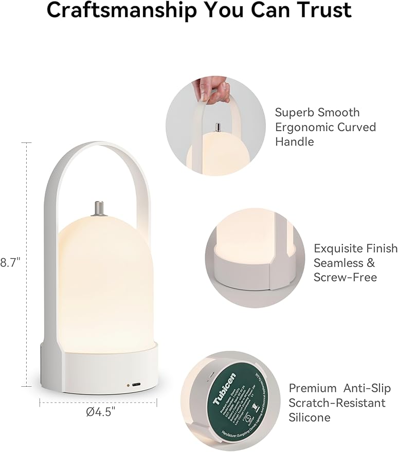 Tubicen Portable LED Lantern Table Lamp Battery Operated Rechargeable Cordless Lamp for Table 4-Level Touch Dimmable Night Light for Camping Bedroom Dining Room Balcony Restaurant