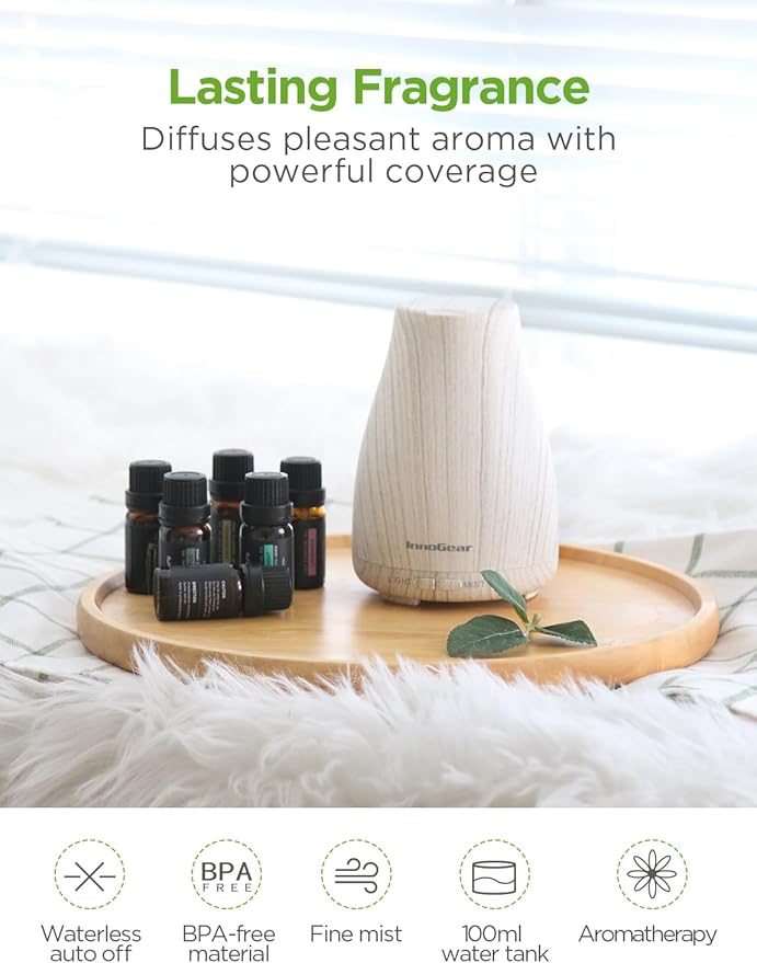 InnoGear Essential Oil Diffuser with Oils, 100ml Aromatherapy Diffuser with 6 Essential Oils Set, Aroma Cool Mist Humidifier Gift Set, Grey Wood Grain
