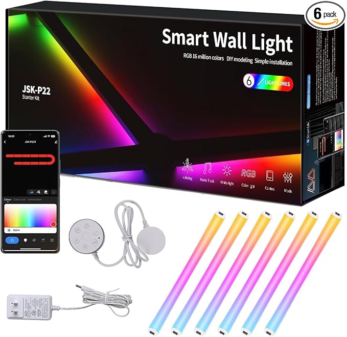RGBIC Smart WiFi Glide Wall Light, Compatible with Alexa and Google Assistant, 16M+ Colors, Music Sync, Gaming Room/Bedroom Decor Lights(6 White Lines Light)