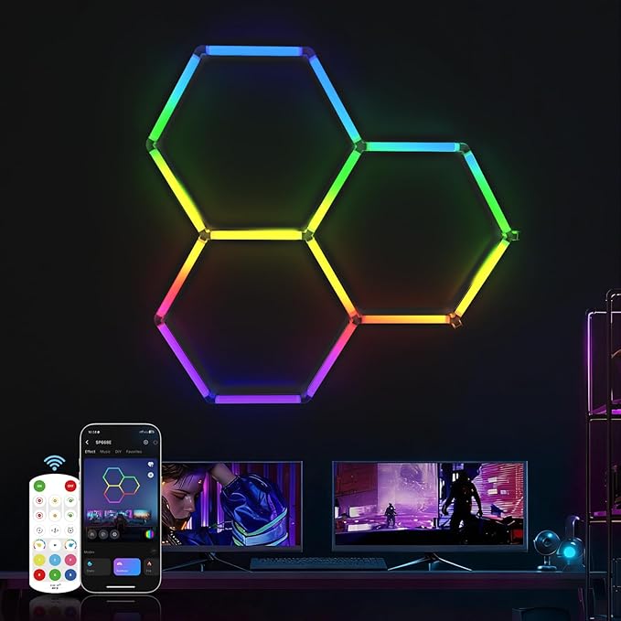 HYPERLITE Hexagon Garage Lights: 3 Grid RGB Hexagon LED Lights with Music Sync Mode, App & Remote Control, Multi-Color Honeycomb Light for Gaming Room, Gym, Garage