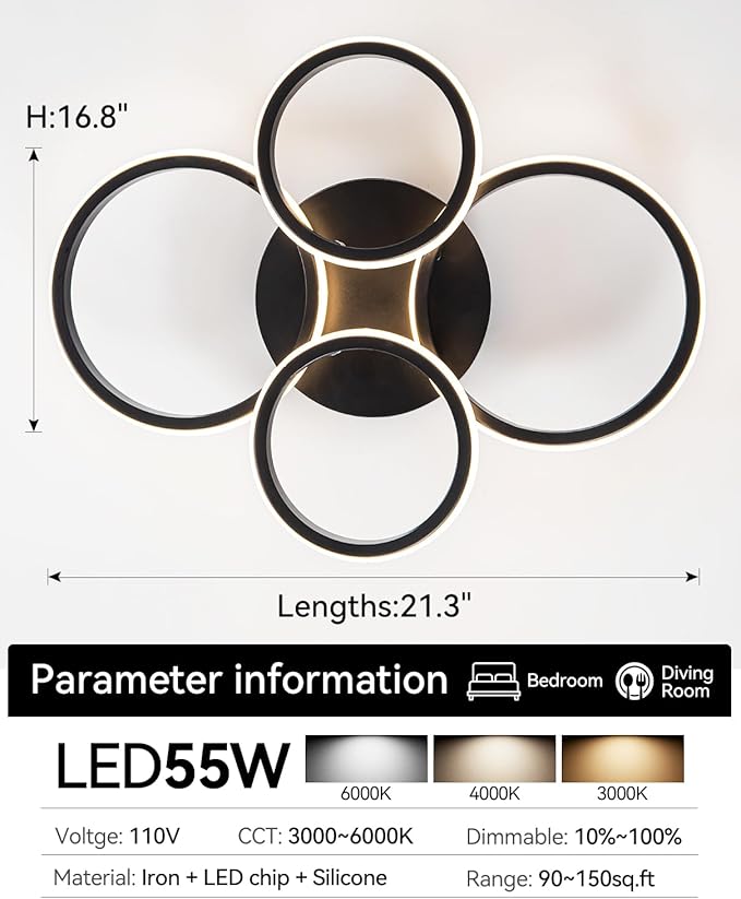 4 Ring Modern LED Ceiling Light Fixture with Remote Control, 3000K-6500K 3-Color Black Dimming Circle Modern Ceiling Light for Bedroom Kitchen Living Room