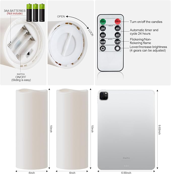 Amagic 2 Pack 10" x 4" Outdoor Plastic Electric flameless Candles with Remote Control and Timer, Battery Operated Flickering LED Pillar Fake Candle for Home, Wedding Decor, Ivory