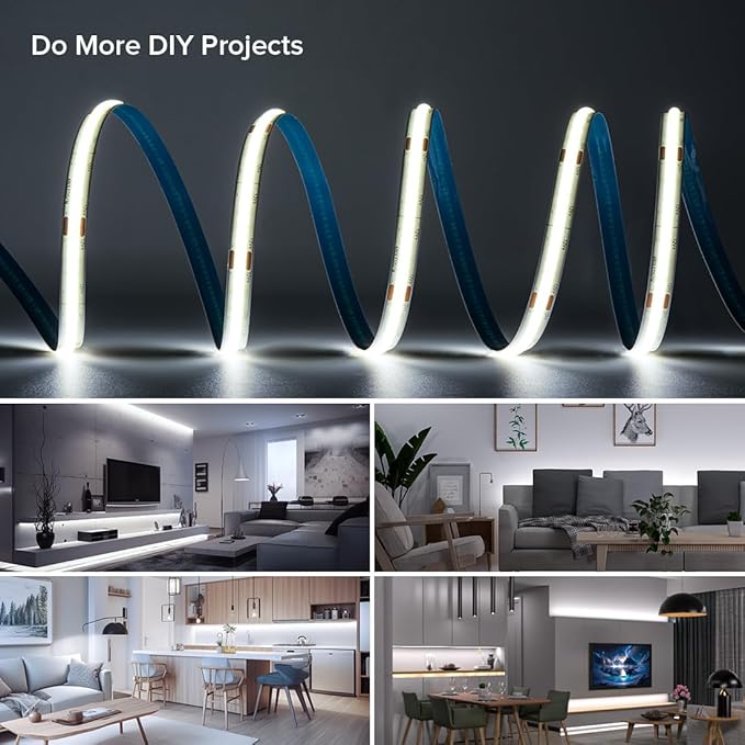 16.4FT DC24V COB LED Strip 6000K Cool White 480LEDs Flexible High Density Uniform Bright Light Strip 9W/m, CRI90+ Dimmable LED Light for DIY Kitchen Bedroom Home Decor, No Power and Controller