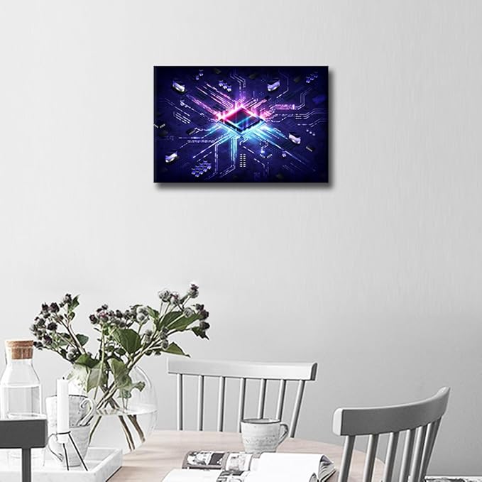 TUMOVO Wall Art for Living Room Glowing CPU Canvas Wall Art Futuristic CPU Contemporary Wall Art AI Posters and Prints Cyberpunk Tech Modern Artwork Ready to Hang for Bedroom Office, 18x12in