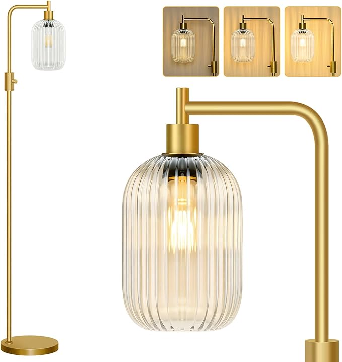 【Upgraded】 Dimmable Glass Floor Lamp for Living Room, Modern Gold Standing Lamp with Clear Ribbed Glass Lampshade & Knob Dimmer, Arc Tall Lamp for Bedroom Office Reading Room, 2700K Led Bulb Included