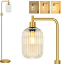 【Upgraded】 Dimmable Glass Floor Lamp for Living Room, Modern Gold Standing Lamp with Clear Ribbed Glass Lampshade & Knob Dimmer, Arc Tall Lamp for Bedroom Office Reading Room, 2700K Led Bulb Included