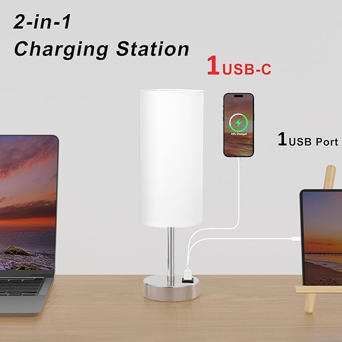 Dicoool Bedside Table Lamps for Bedroom Set of 2 - Touch Lamp for Nightstand with USB-A+C Charging Ports - 3 Way Dimmable Small Desk Lamp White for Office, Dorm Room, Living Room, Reading, Nursery
