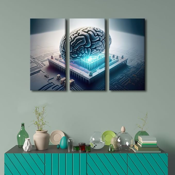 TUMOVO 3 Panel AI Wall Art Human Cyborg Brain Being Used with Computer Chip Pictures Print On Canvas Wall Art for Living Room, Modern Artwork Wooden Framed Ready to Hang, 36" Wx24 H
