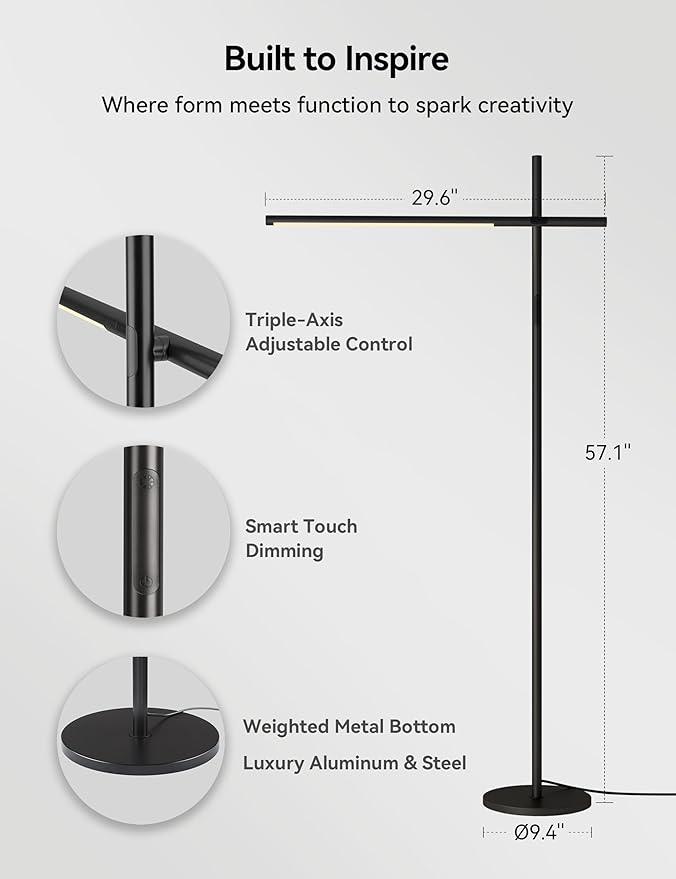 Tubicen Rotatable Corner Floor Lamp Triple-Joint 190° Arm 330° Head Rotation Standing Lamp 3 Color 4-Stage Touch Dimmable Modern LED Corner Floor Lamp for Bedroom Office Living Room Bedside Work