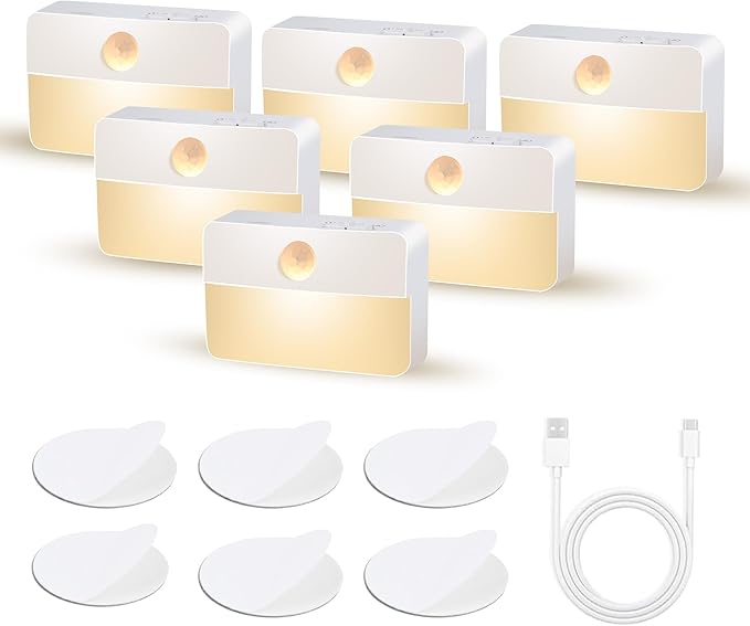 Motion Sensor Night Light for Indoor: 6 Pack Rechargeable Stair Lights LED 35 Lumen 3000k Step Lights with Magnetic Suck - Motion Sensor Lamp for Cabinet Closet Hallway Bedroom Stairs (Rechargeable)
