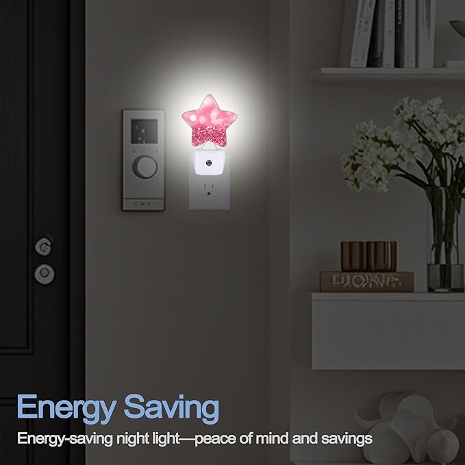 Pink Red Glittering Dusk to Dawn Star Night Light,Abstract Christmas Smart Sensor Nightlight for Bedroom Kitchen Hallway Stairs,Plug-in Energy Efficient Decor Desk Lamp Women Men Gifts