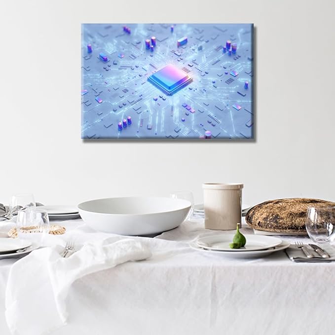 Circuit Board Wall Art for Living Room Electronic Board Canvas Wall Art Central Computer Processors CPU House Decor Computer Chip Office Wall Decor Framed CPU Concept for Home Bedroom 16X24 INCH