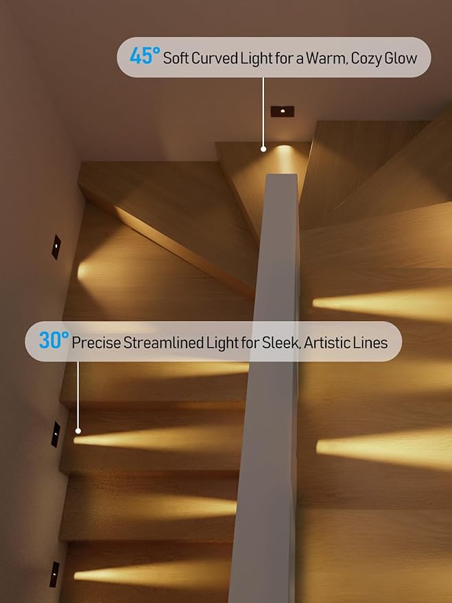 LEONLITE 5CCT 120V LED Step Light, Dimmable Pin Hole Stair Lights Indoor, Anti-Glare 30° Streamlined Lighting Effect for Staircase Bedroom, CRI90, 5 Color Temperature, ETL, Black, Horizontal, 6 Pack