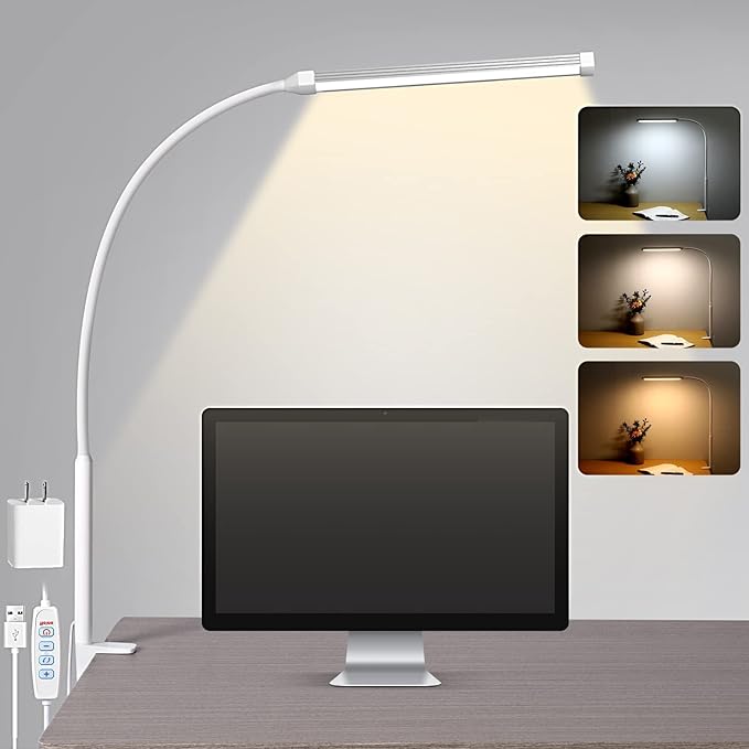 LED Desk Lamp with Clamp, Eye-Caring Clip on Lights for Home Office, 3 Modes 10 Brightness, Long Flexible Goose-Neck, Metal, Swing Arm Architect Task Table Lamps with USB Adapter, White