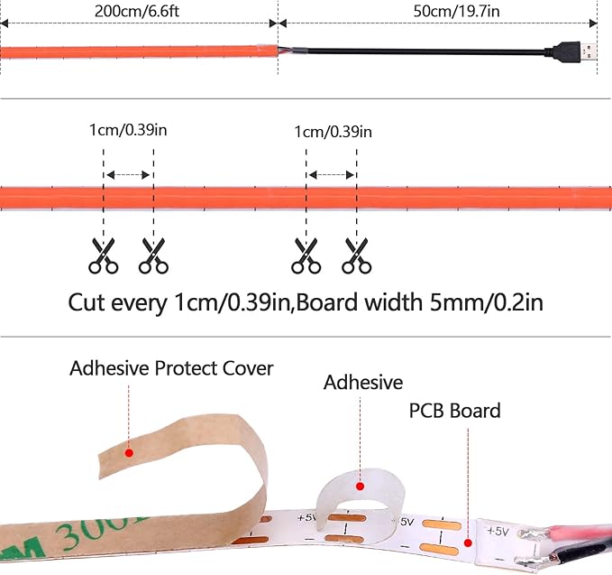 GOMING 5V 5mm Width COB USB LED Strip Light Red USB Powered 13.12ft/4M(2pcs x 6.6ft/2M) High Density 400LEDs/M Flexible IP20 Not Waterproof LED Tape Lights for DIY Decoration Lighting