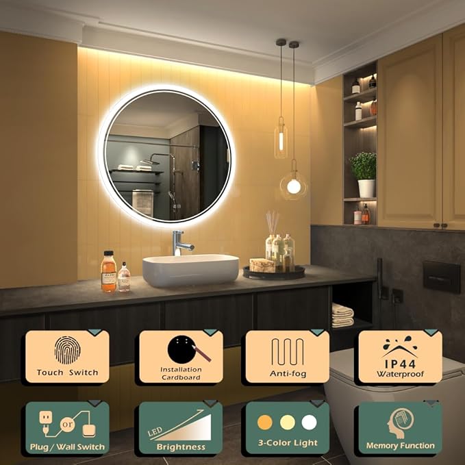 KWW Round Mirror Bathroom LED Lighted Mirror, Illuminated Dimmable Anti-Fog Wall-Mounted Makeup Vanity Mirror with Lights (23.5" L x 23.5" W)
