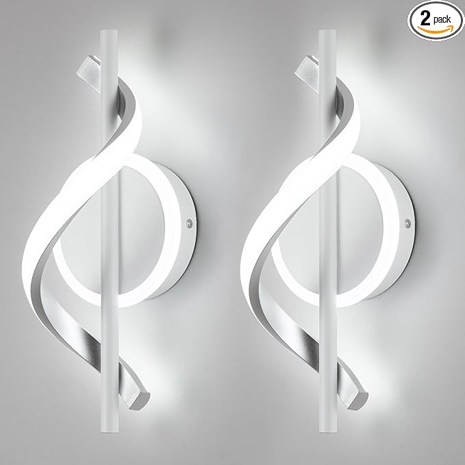 LED Wall Sconces Sets of 2, 12W LED Wall Lights, Modern Spiral Wall Sconces, Wall Lamps for Living Room, 6000K Cold White Wall Mount Light Fixture for Stairs Living Room Bedroom Aisle Hallway