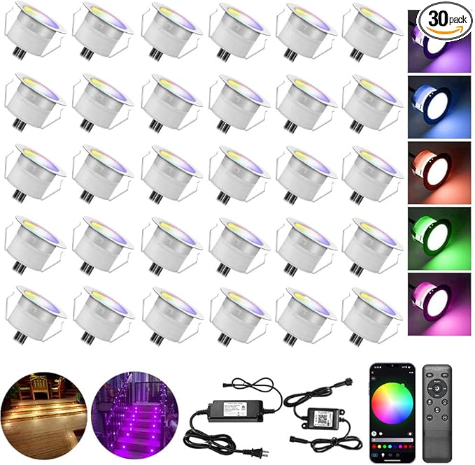 Low Voltage LED Deck Lights, 30 Pack 1.22" Smart WiFi RGBW 3000K Recessed Step & Stair Lighting Kit, IP67 Waterproof Outdoor for Deck, Walkway & Landscape, Compatible with Alexa & Google Assistant
