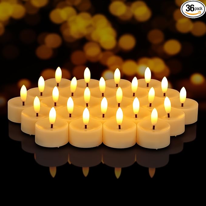 36 Pack Flameless LED Tea Lights, Flickering Realistic Electric Fake Tealights Candles, 3D Wick Battery Operated Tea Lights Candles for Wedding, Festival, Party, Home Decor