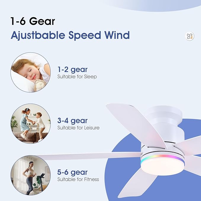 46 Inch White Flush Mount Ceiling Fans with Lights, 5 Blades Reversible, 6-Speed 2H Timer, RGB & 3 CCT Dimmable, Remote & APP Control for Bedroom Kidsroom