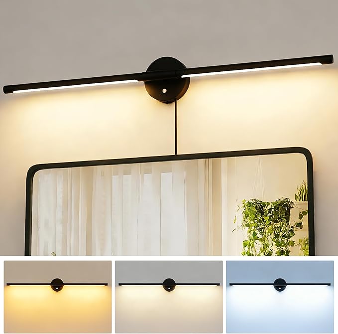 31inch Plug in Bathroom Vanity Light, 6000K Black Wireless Vanity Lights with Remote Control, Black Bar Mirror Light for Bathroom Mirror Cabinets Bedroom