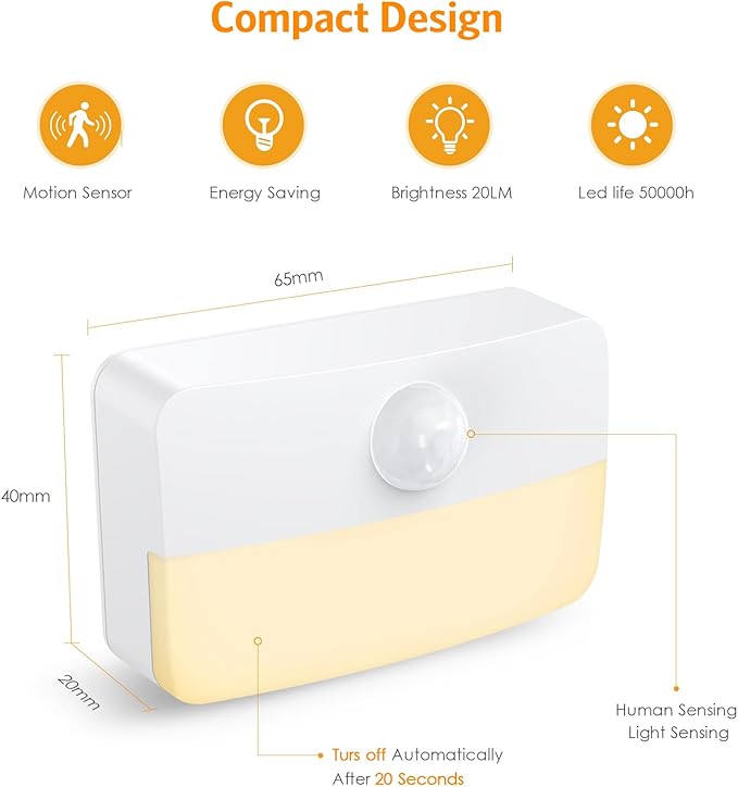 【6 Pack】Motion Sensor Night Light, Stick-On Motion Sensor Lights Indoor, Battery Powered Under Cabinet Kitchen Lights with Adhesive Pads, Auto/On/Off for Cupboard Wardrobe Stair Kitchen Warm White