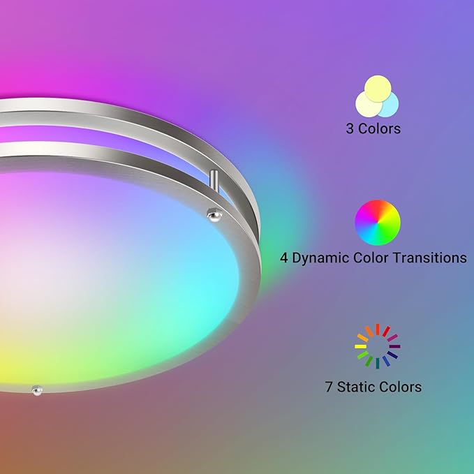 libtit 13 Inch RGB Flush Mount Ceiling Lights with Remote, 24W 3000K-6500K&Dimmable, LED Light Fixture with Nightlight and Timer for Bedroom Livingroom Bathroom- Brushed Nickel