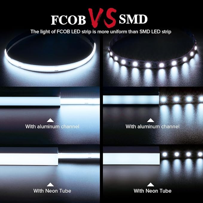 BTF-LIGHTING FCOB COB LED Strip Flexible High Density Uniform Light 8W/m 16.4FT DC24V Daylight White 6000K CRI 90+ 8mm Width Dimmable LED Ribbon for Indoor Decor(No Adapter or Controller)