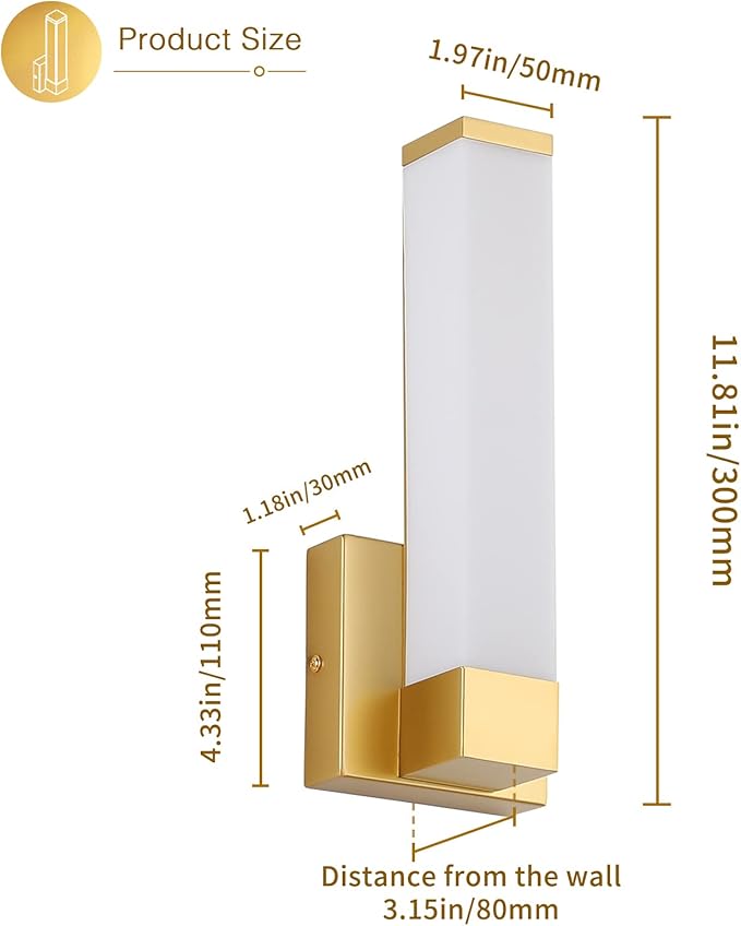 Gold Wall Lights for Bedroom Modern Indoor LED Hallway Sconces Corner Light 12" Inch Height 12W 4000K Bedside Stair Sconces Wall Lighting Lamps 110V AC