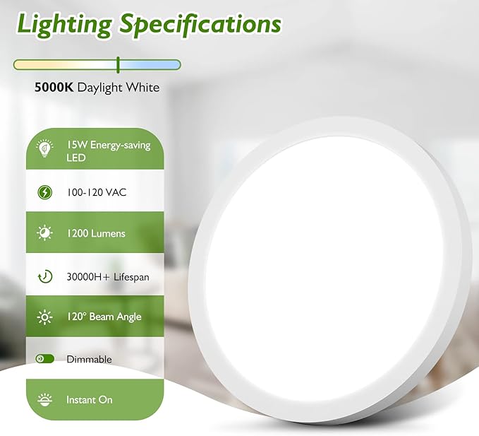 LED Flush Mount Ceiling Light Fixture, 100W Equivalent Modern Kitchen Recessed Ceiling Lamp 5000K Daylight White 15W 1200Lm 7 Inch Closet Round Surface Mount for Laundry Bedroom Hallway(Pack of 4)