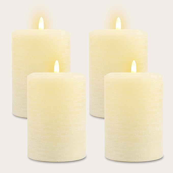 LumiPur Signature Collection Natural Glow Flickering Flameless 4 Pack LED Wax Pillar Candle (4 Pack 3.5" x 5", Linen White)