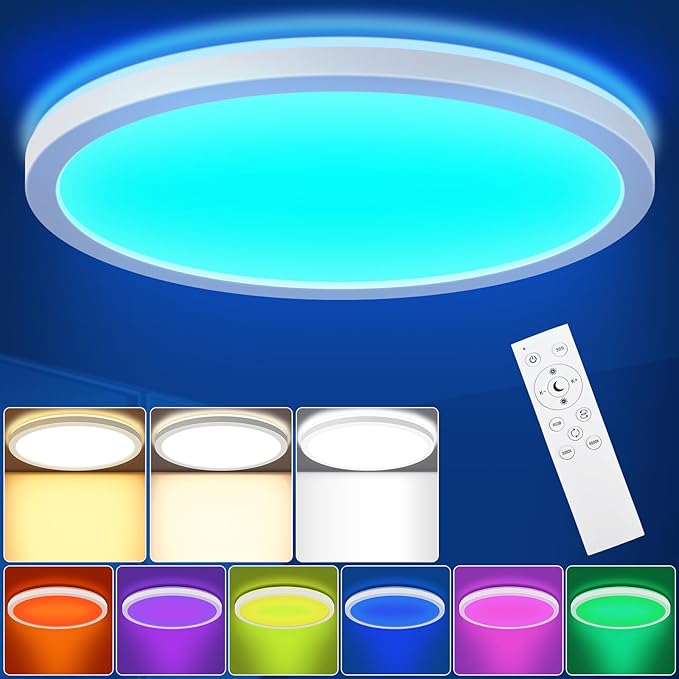 LEZOE RGB LED Ceiling Light Dimmable with Remote Control, 18W 1800lm Color Changing Light Flush Mount Fixture, 8.6 Inch 3000K-6500K Ceiling Lamp for Bedroom Kitchen Hallway Party Living Room