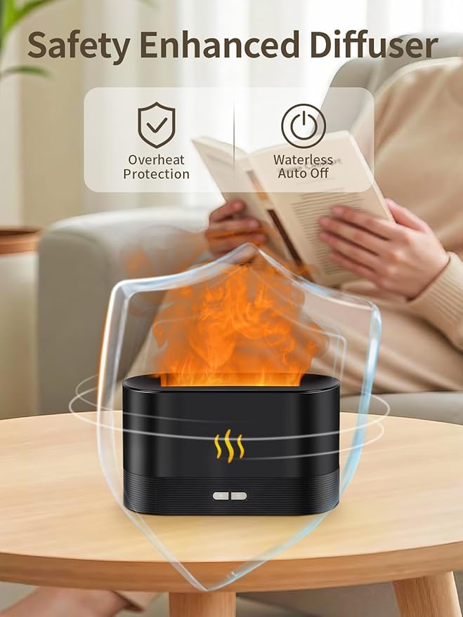 Flame Essential Oil Diffuser, 180ml Aromatherapy Diffuser with 7-Color LED Lights, Auto Shut-Off, Ultrasonic Cool Mist Humidifier for Home, Bedroom, Office, Gift (Black)