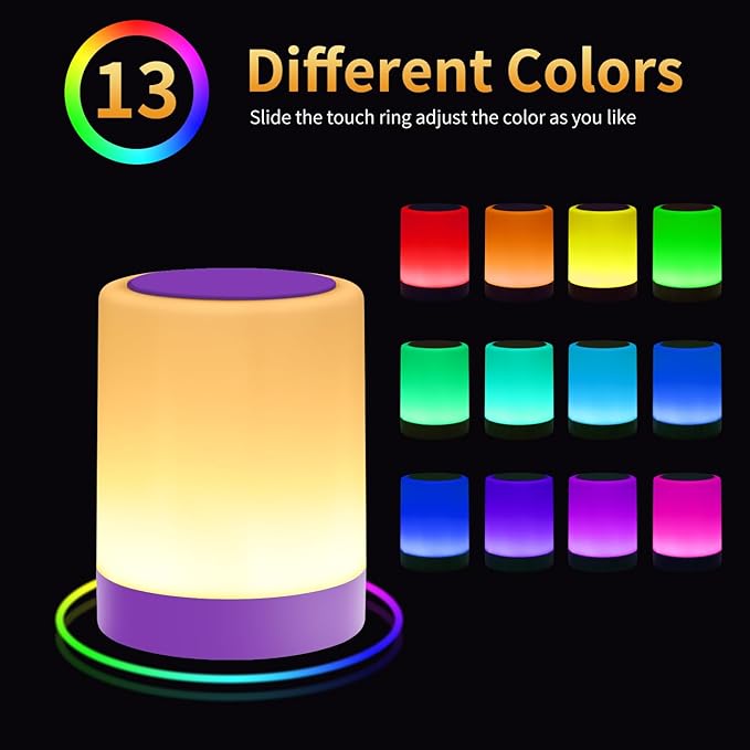 OORUN Touch Bedside Table Lamp,13 RGB Colors & 5 Brightness, USB Rechargeable Desk Lamp, Remote Control Dimmable Night Light with RGB Color Changing,Portable Lamp for Baby, Living Room (Purple)