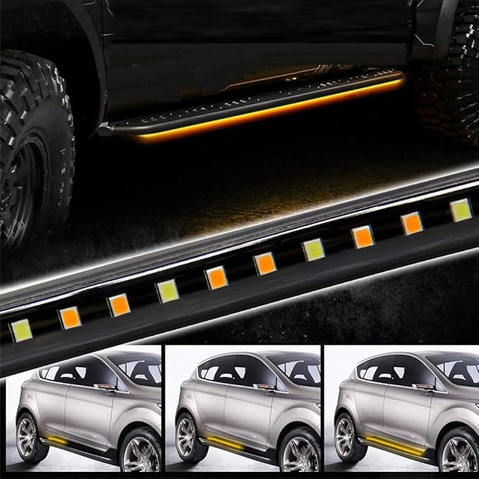 Truck Running Board Lights, Amber Turn Signal Lights Sequential Side Maker Lighting Kits, 2PCs 48 Inch White Courtesy Flexible Step Strip Lights for Extended Crew Cab Trucks Pickup (48")