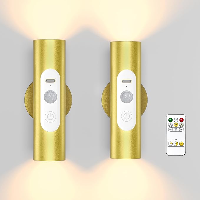 WOBSION Motion Sensor Wall Light with Remote Control, Rechargeable Wireless Wall Sconce, Brightness Adjustable, 3 Color Mode,Indoor Lamp for Hallway, Bedroom,Picture,LED,Gold,2 Pack