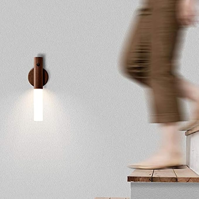 Motion Sensor Wall Lights Wood Battery Operated Sconce Light Indoor Magnetic USB Rechargeable Wireless Wall Lamp for Bedroom Hallway, Warm White 3000K