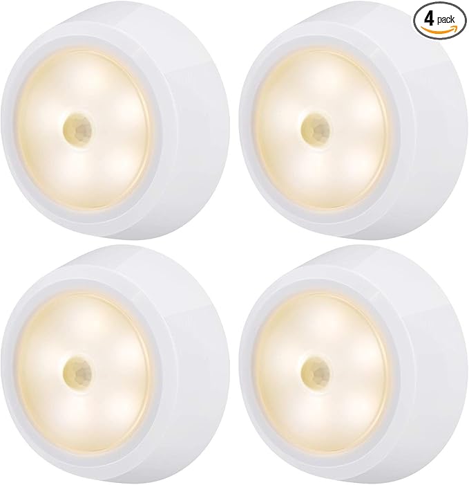 BIGLIGHT Battery Operated Motion Sensor Closet Lights, Wireless Puck Lights, Push Light, Tap Light, Stick on LED Night Light for Under Cabinet Counter Stairs Shelf Safe Pantry, 3.15 Inches, 4 Pack