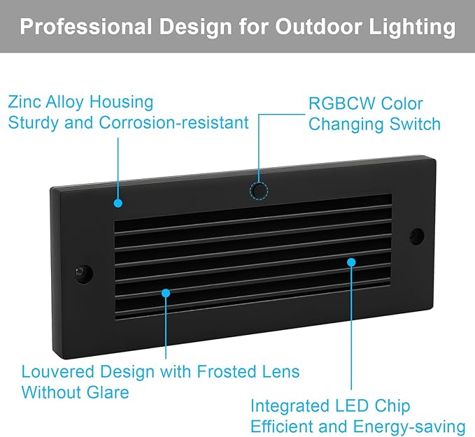 Low Voltage Step Lights, RGBCW, 5W, 8.7 Inch, Black, 12V LED RGB Color Changing for Wired Low Voltage Landscape Lighting of Outdoor Deck Stair Step Fence, Surface Mount, ETL, 6PK