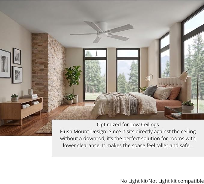 LYTIO Grantway 48 in. Indoor/Covered Outdoor Matte White Low Profile Ceiling Fan Without Light with Pull Chain Included