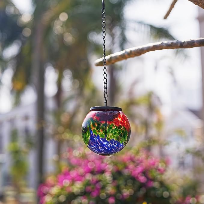 Solar Hanging Lanterns Outdoor, Waterproof Gazing Ball Lights, Hanging Glass Globe Light for Garden Yard Tree Home Xmas Decor,Green Splash-Ink